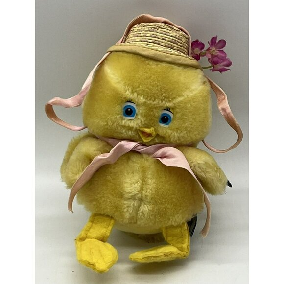 Mattel Other - Vintage Emotions Mattel Duck Plush Straw Hat Flowers Blue Eyes Stuffed 7 inch